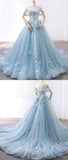 Light Blue Sweetheart Tulle Appliques Ball Gowns Prom Dresses OKE89
