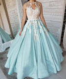 Unique Satin Appliques Long Sleeveless Ball Gowns Prom Dress OKF11