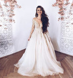 A-Line Long Sleeves Tulle Prom Dresses with Appliques, Wedding Dresses OKF18