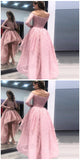 Fashion A-Line Off the Shoulder High Low Long Sleeves Pink Lace Prom Dresses OKF54