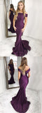 New Arrival Mermaid Off-the-Shoulder Sweep Train Grape Prom Dresses with Ruched OKF56