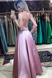 Stunning Beading Pink Halter Backless Prom Dress With Pockets OKG1