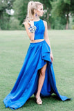 Two Pieces Royal Blue High Low Simple Prom Dress OKH94