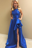 Two Pieces Royal Blue High Low Simple Prom Dress OKH94