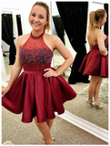 Burgundy Halter Sleeveless Backless A Line Homecoming Dress OKL81