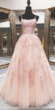 A Line Pink Tulle Lace Appliqued Long Prom Dress With Straps OK1041