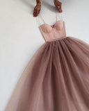 Spaghetti Straps Sweetheart A-line Tulle Floor Length Prom Dress Evening Party Dress OKZ84