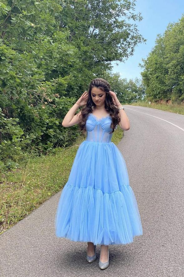 Sky Blue Straps Tulle A-line Prom Dress Sweetheart Homecoming Dress OKX63