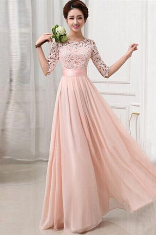 Half Sleeves Pink Lace Chiffon Bridesmaid Dress,Simple Prom Dresses OKO82