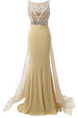 Beauty Mermaid Champagne Long Beaded Prom Party Dress OK4