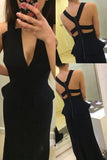 Sexy Black Long Mermaid Backless Deep V-neck Simple Prom Dress K657