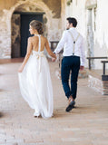 Simple Jewel Sleeveless Long Lace White Tulle A-line Wedding Dress OK164