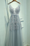 Gray Tulle Long V-neck Evening Dresses, A Line Applique Prom Dresses OKP166