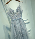 Gray Tulle Long V-neck Evening Dresses, A Line Applique Prom Dresses OKP166