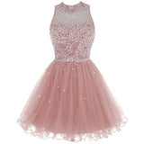 Pink A-line Short Tulle Beading Homecoming Dress OKZ16