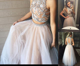 Two Piece A line Tulle Beading Pretty High Neck Prom Dress,2 pieces Evening Dresses OK176