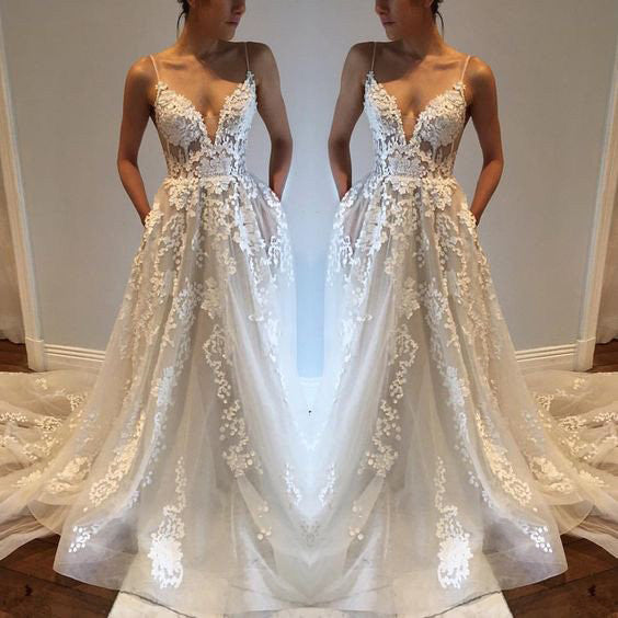 Sexy Deep V neck Lace Backless Bridal Dress,Spaghetti Straps Beach Long Wedding Dress OK242
