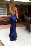 Mermaid Sequins Evening Dress Long V-Neck Navy Blue Spaghetti Straps Formal Dress OK1124