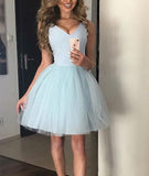 Lovely V-Neck Light Blue Tulle Homecoming Dress A-Line Party Dress Sleeveless Graduation Dress OK1549