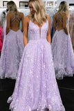 Lilac A Line Lace Appliques Straps Long Prom Dress With Pockets OK1044