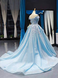 Light Blue Off the Shoulder Ball Gowns Prom Dresses with 3D Flowerss OKV2