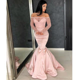 Off the Shoulder Long Sleeves Mermaid Lace Top Pink Long Prom Dress OKG37