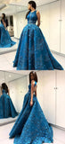 Unique Applique Formal A Line Blue Long Cheap Prom Dress OKF96