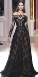 Romantic Long Sleeves Off the Shoulder Lace Appliques A Line Black Prom Dress OKG33