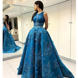 Unique Applique Formal A Line Blue Long Cheap Prom Dress OKF96