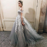 Off-the-Shoulder Grey Tulle Applique Charming Cheap Long Ball Gown Prom Dresses OKE48