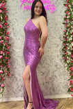 Purple Sequin One-Shoulder Long Prom Dress with Slit Evening Party Dresses OK1757
