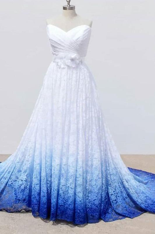 White and Blue Sweetheart Lace Wedding Dresses, Ombre Wedding Dresses with Flowers OKQ69