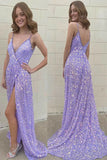 Lilac Deep V Neck A Line Sparkly Prom Evening Gowns Shiny Sequined Long Party Dress OK1413