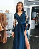 A Line Long Sleeves V Neck Dark Blue Prom Dress With Appliques OKI67