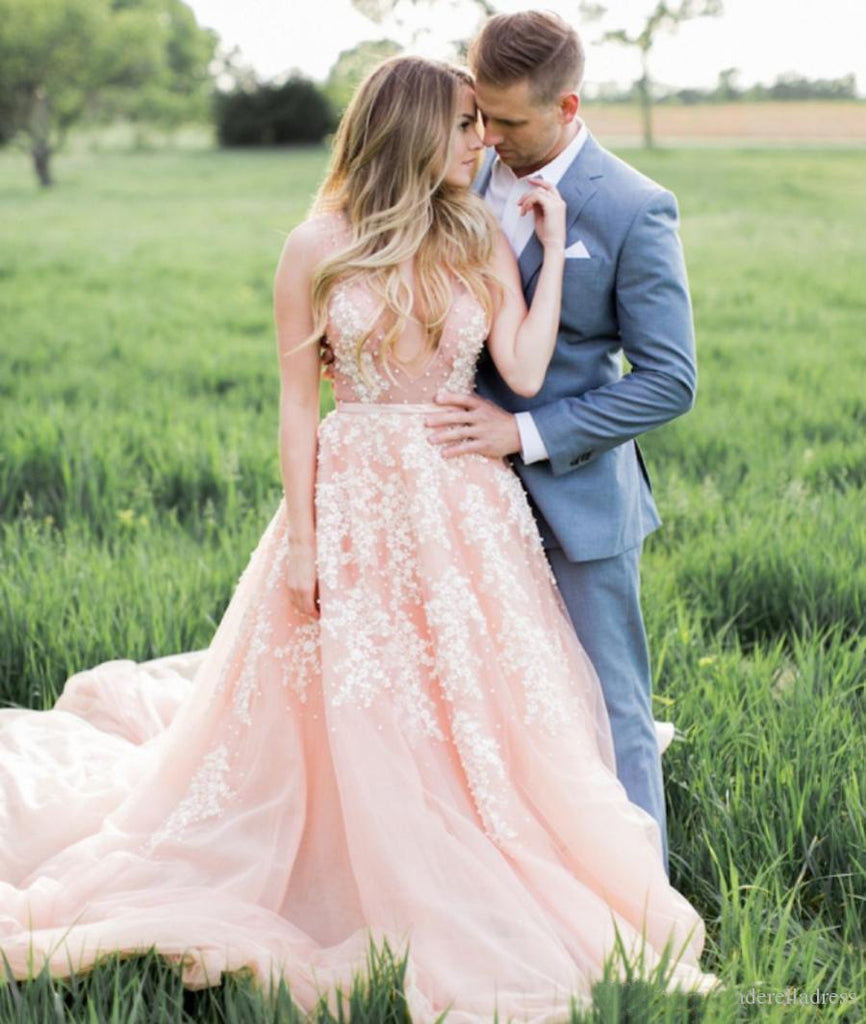 Blush Pink Long Tulle Appliques Wedding Dress With Cathedral Train,Prom Dress OK904