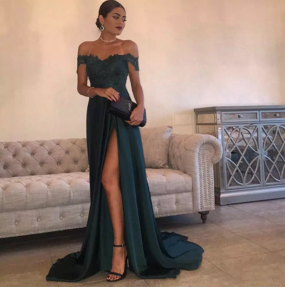 A Line Dark Green Chiffon High Split Prom Dresses,Sexy Lace Top Party Gown OK842