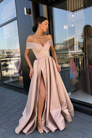 Elegant Off the Shoulder Party Gown Satin Sexy Prom Dresses High Slit OKK4