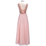 Rose Gold A Line Spaghetti Straps Prom Gowns Backless Sequined Chiffon Bridesmaid Dress OKI10