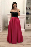 Hot Pink Satin Long Prom Gowns With Pockets, Simple Beaded Evening Dresses With Black Top OKI14