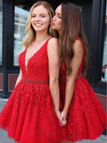 Red Lace Applique Beaded Homecoming Dress V Neck Tulle Short Prom Dress OKO11