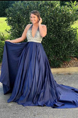 Halter Navy Blue Long Prom Dress Beaded Backless Evening Dresses OKI25