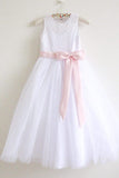 White Lace Flower Girl Dress Pink Sash Baby Girls Dresses Lace Tulle White Flower Girl Dress OK210