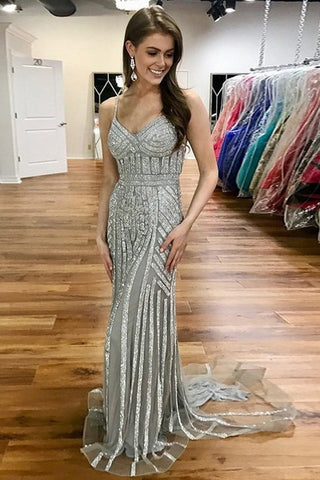 Silver Beaded Long Spaghetti Strap Mermaid Prom Dress OKE56