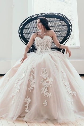 Princess Sweetheart Lace Appliques Long Ball Gown Wedding Dress OKF21