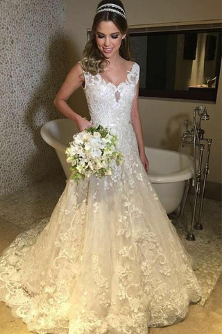 Elegant Tulle V neck Sweep Train A-line Lace Long Wedding Dresses OKD16