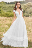 Rustic Tiered Lace Tulle Ling Bridal Gowns A-line V Neck Cap Sleeves Wedding Dress OKY92