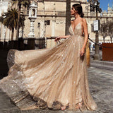 Charming A-Line V Neck Spaghetti Straps Sequin Long Prom Dresses OKE44