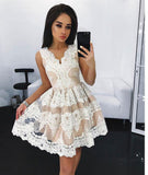 Off White Lace Short Prom Dress, Sweet A Line Homecoming Dresses OKD97