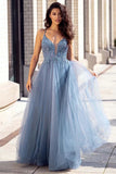 Dusty Blue Tulle Long Prom Dress Beaded Aline Formal Gowns OKW69