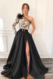 A-Line One-Shoulder Black Long Lace Appliqued Split Prom Dresses with Pockets OKJ11